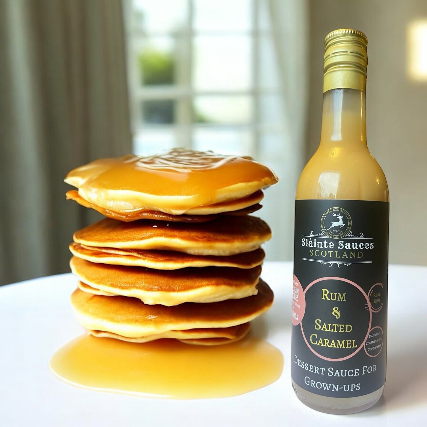 Slàinte Rum and Salted caramel sauce for pancakes and ice cream. A Scottish boozy dessert sauce 